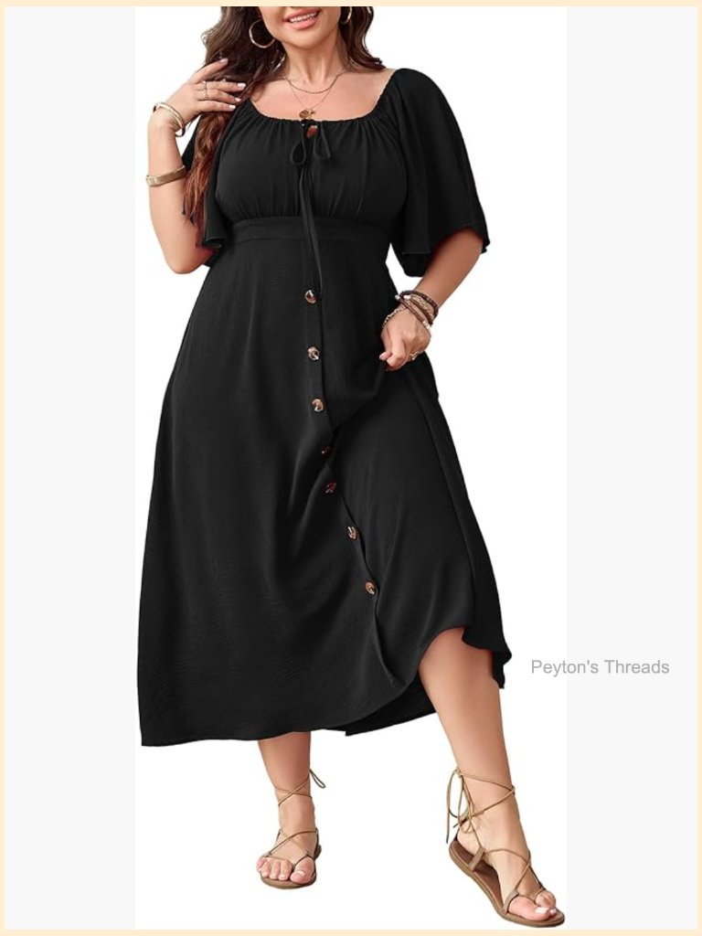 Plus Size Boho Maxi Dress Square Neck Short Sleeve Smocked Back Button Down Tie